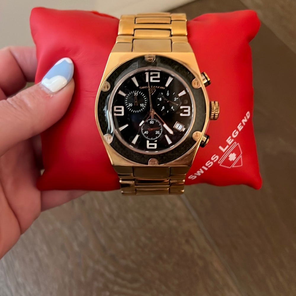Swiss Legend Rose Gold colored watch with black chronograph. In original box.